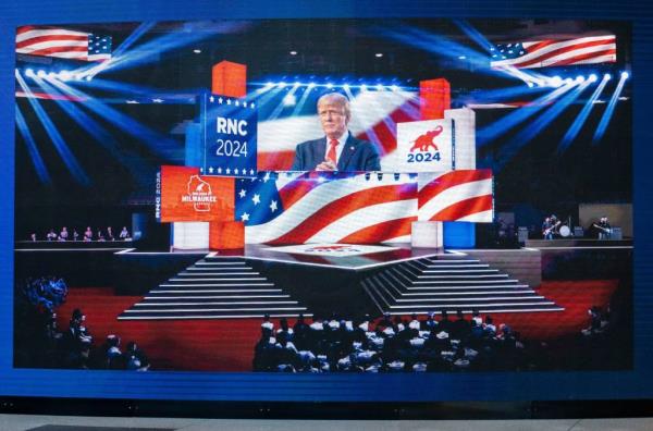 A rendering of the stage design for the 2024 Republican Natio<em></em>nal Convention.