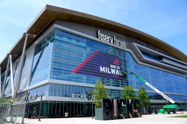 A sign for the Republican Natio<em></em>nal Co<em></em>nvention getting placed on Fiserv Forum in Milwaukee on June 25, 2024. 