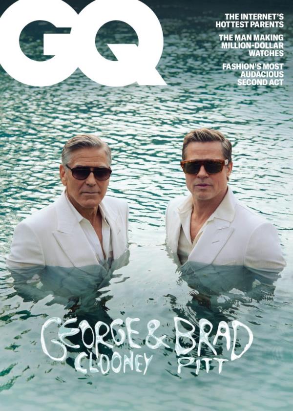 George Cloo<em></em>ney and Brad Pitt on the cover of GQ's September issue, posed in water