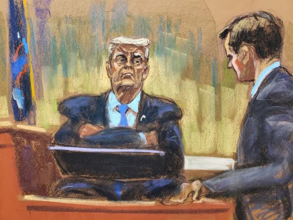 Former U.S. President Do<em></em>nald Trump being questio<em></em>ned by Kevin Wallace in a courtroom sketch during the Trump Organization civil fraud trial at the New York State Supreme Court.