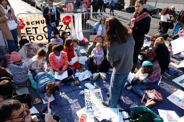 Palestinian children participating in a protest titled 'Rage Play Date' outside the house of US Senate Majority Leader, Chuck Schumer, in Brooklyn.