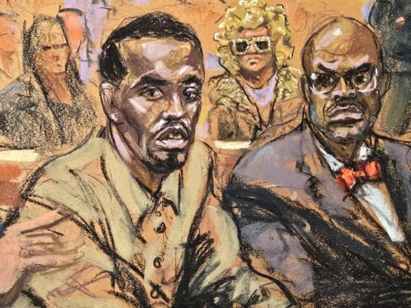 Sketch of Sean 'Diddy' Combs with his attorney Anthony Ricco in a federal court in Manhattan, New York, during a hearing in 2024