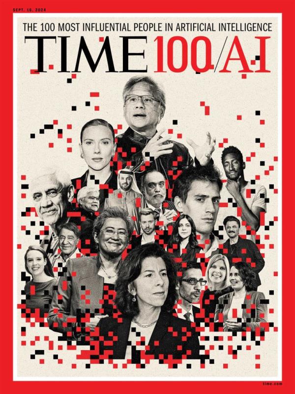 Cover of 2024 TIME100 AI issue featuring portraits of AI industry leaders including Lisa Su, Steve Huffman, Jensen Huang, Scarlett Johansson, but notably excluding Elon Musk.