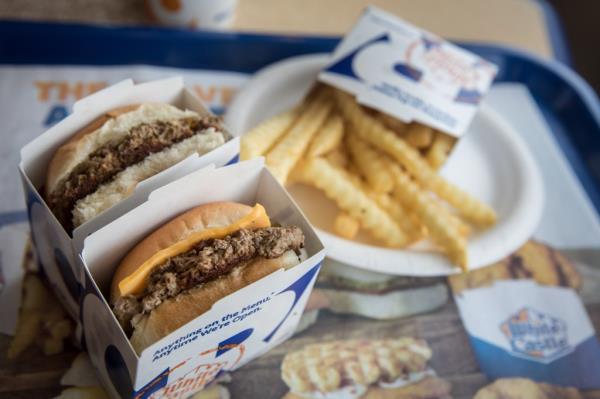 Meatless 'Impossible Sliders' on a table at a White Castle restaurant in Queens, New York City