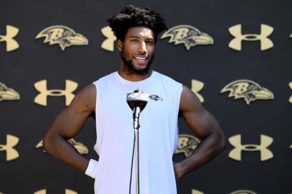 Baltimore Ravens cornerback Marlon Humphrey (44) speaks to the media after practice at NFL football training camp, Tuesday, July 23, 2024, in Owings Mills, Md.