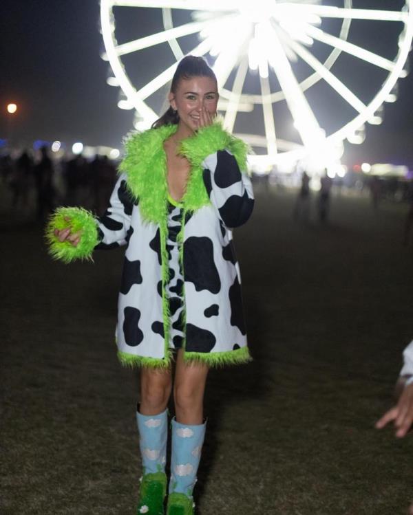 A woman wearing Teletubbies gear at Coachella. 