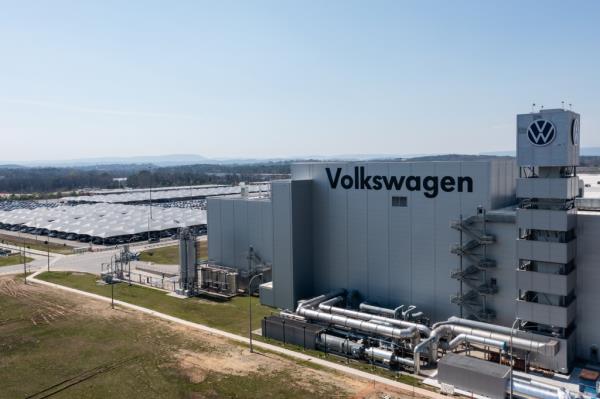 Aerial view of a large Volkswagen automobile assembly plant in Chattanooga, Tennessee.