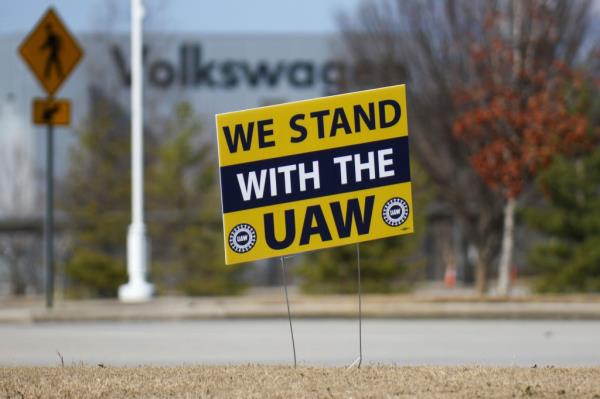 A 'We stand with the UAW' sign outside the Volkswagen plant in Chattanooga, Tennessee