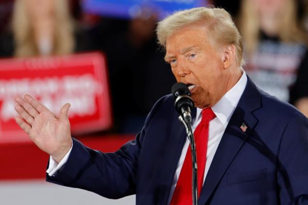 Trump speaks during a campaign event at Dorton Arena, in Raleigh, North Carolina, U.S. November 4, 2024.