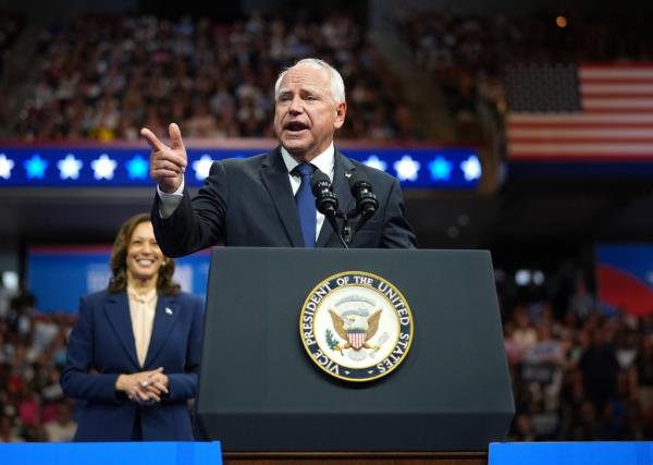 Democratic vice presidential candidate Minnesota Gov. Tim Walz addressing a campaign rally in Philadelphia.