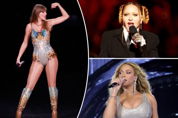 (Left) Taylor Swift, 33, performs during her Eras Tour at Sofi stadium in Inglewood, California, August 7, 2023. (Top Right) Madonna, 64, speaks o<em></em>nstage during the 65th GRAMMY Awards at Crypto.com Arena on February 05, 2023 in Los Angeles, California. (Bottom Right) Beyonce, 41, performing in pink during her Renaissance World Tour stop on July 30 in East Rutherford, New Jersey. 