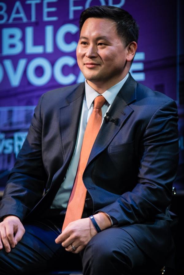 Assemblyman Ron Kim speaking at a debate for New York Public Advocate candidates at Borough of Manhattan Community College