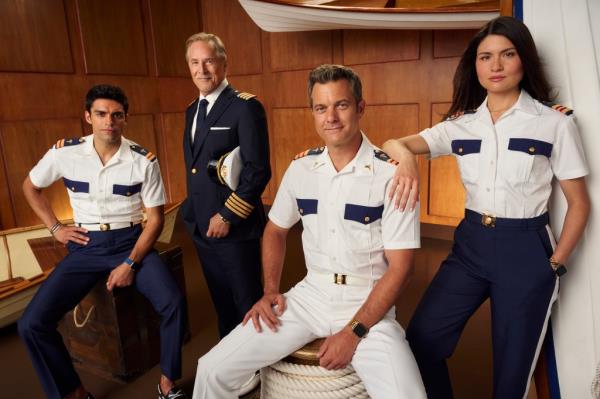 Sean Teale as Tristan, Don Johnson as Captain Massey, Joshua Jackson as Dr. Max Bankman, and Phillipa Soo as Avery in 