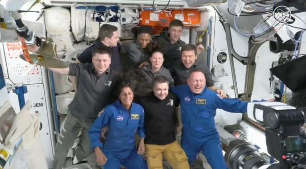 Crew members aboard the Internatio<em></em>nal Space Station pose for a photo on June 6, 2024.